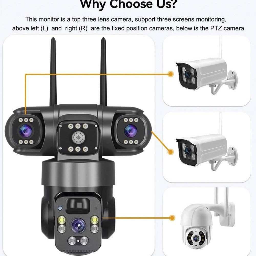 V380 360-Degree Panoramic 3-View 3-Lens Wireless WiFi/4G Solar-Powered Camera Surveillance System