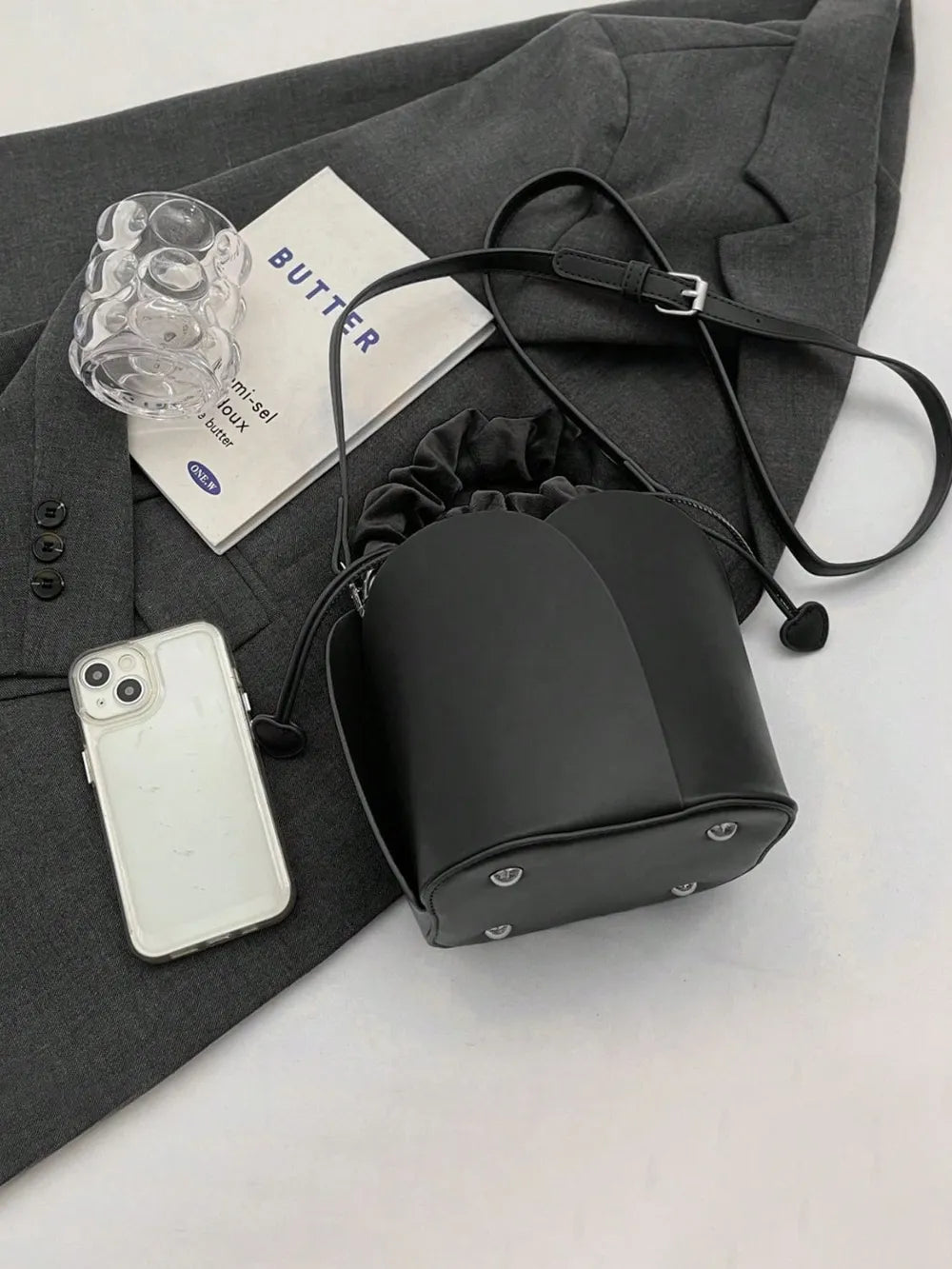 PU Leather Drawstring Bucket Bag