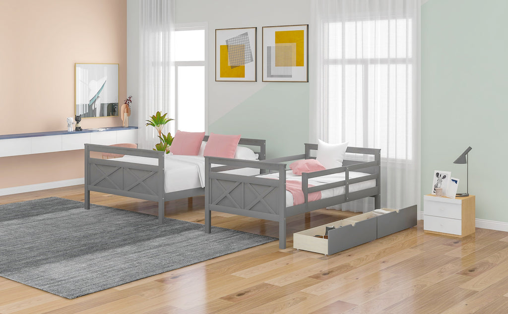Twin over Full Bunk Bed with Ladder Two Storage Drawers  Safety Guardrail  Gray