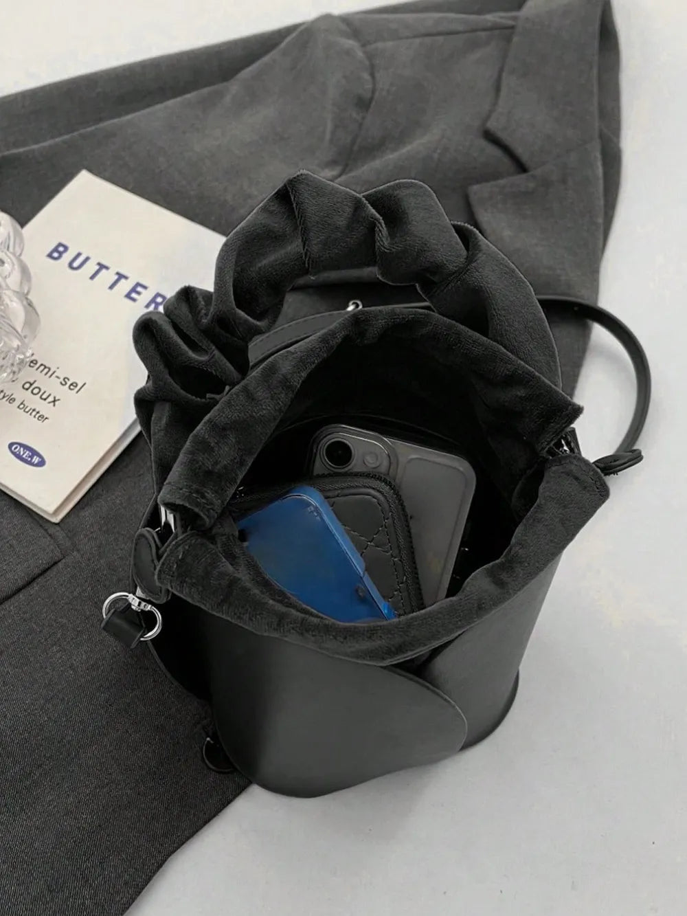 PU Leather Drawstring Bucket Bag