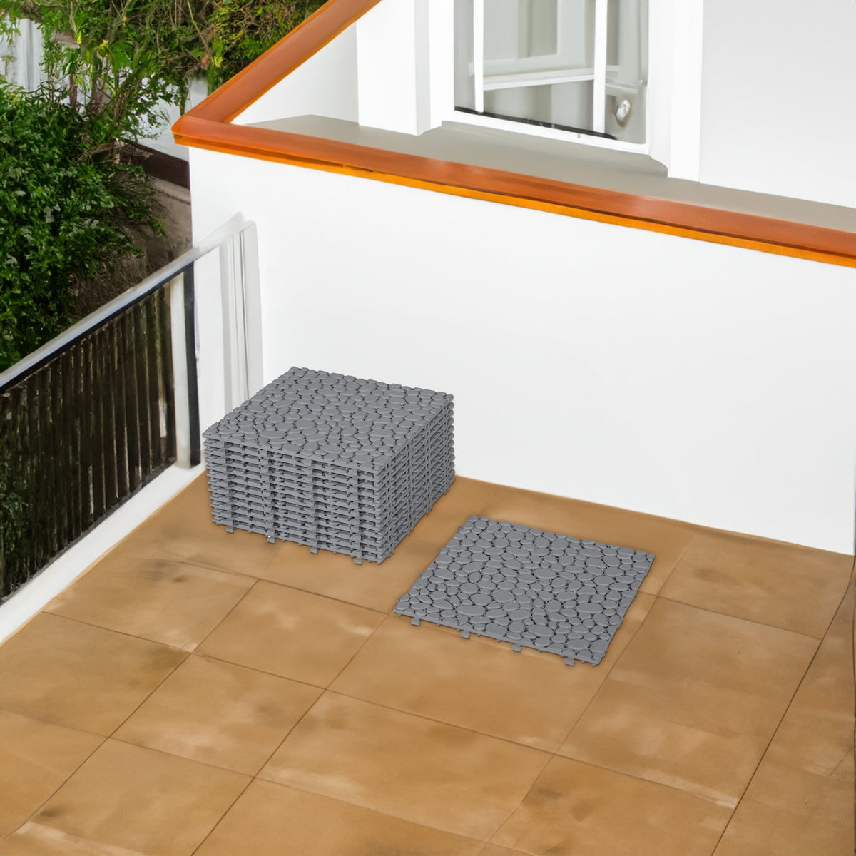 12 x 12 inch gray interlocking deck tiles, plastic waterproof pebble pattern, pack of 12 pieces