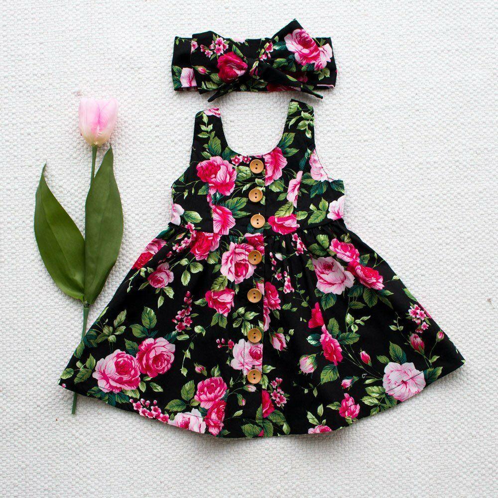 Modern Elegant Baby Girls Kids Summer Floral Dress Princess Party Sleeveless Dresses Headband 2pcs 0-4Y For Party In Flowers Modern Design With Bow