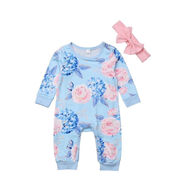 Modern Printed Newborn Baby Girl Romper Floral Jumpsuit Outfit Clothes Set With Bow In Elegant Modern Design