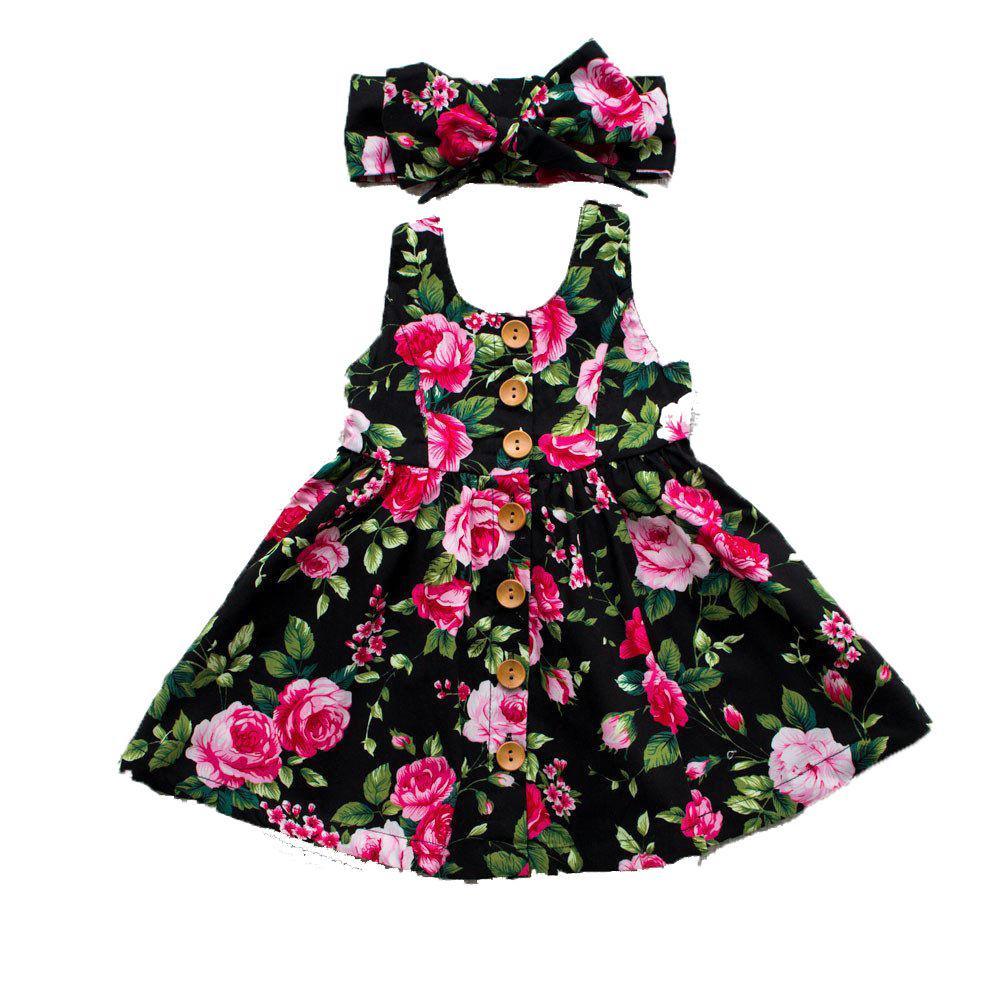 Modern Elegant Baby Girls Kids Summer Floral Dress Princess Party Sleeveless Dresses Headband 2pcs 0-4Y For Party In Flowers Modern Design With Bow