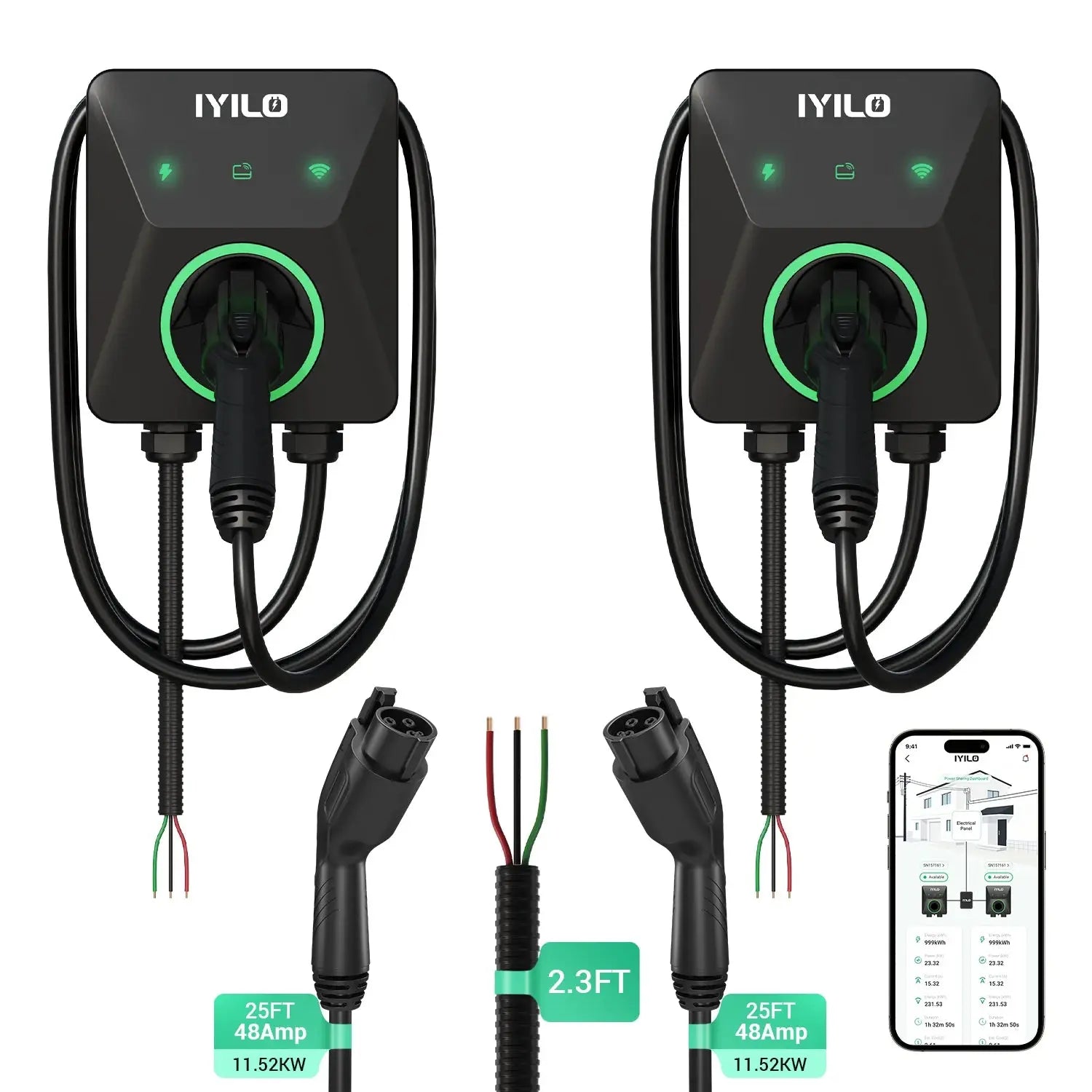 IYILO Dual Level 2 EV Charger Bundle – J1772 + J1772 With Power Sharing – 48A Hardwired