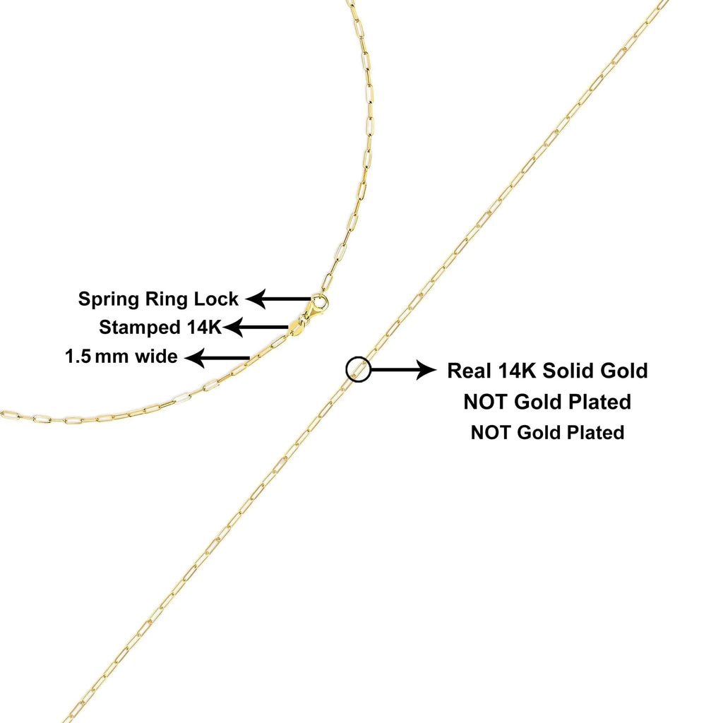 Unisex Solid 14K Gold 1.5mm Paperclip Chain Necklace - Length