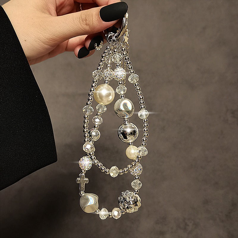 Short Mobile Phone Lanyard Luxurious Pearl Crystal Diamond Bead Hand-Held Double Chain Wristband Phone Case Hanging Decoration