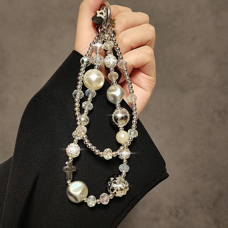 Short Mobile Phone Lanyard Luxurious Pearl Crystal Diamond Bead Hand-Held Double Chain Wristband Phone Case Hanging Decoration