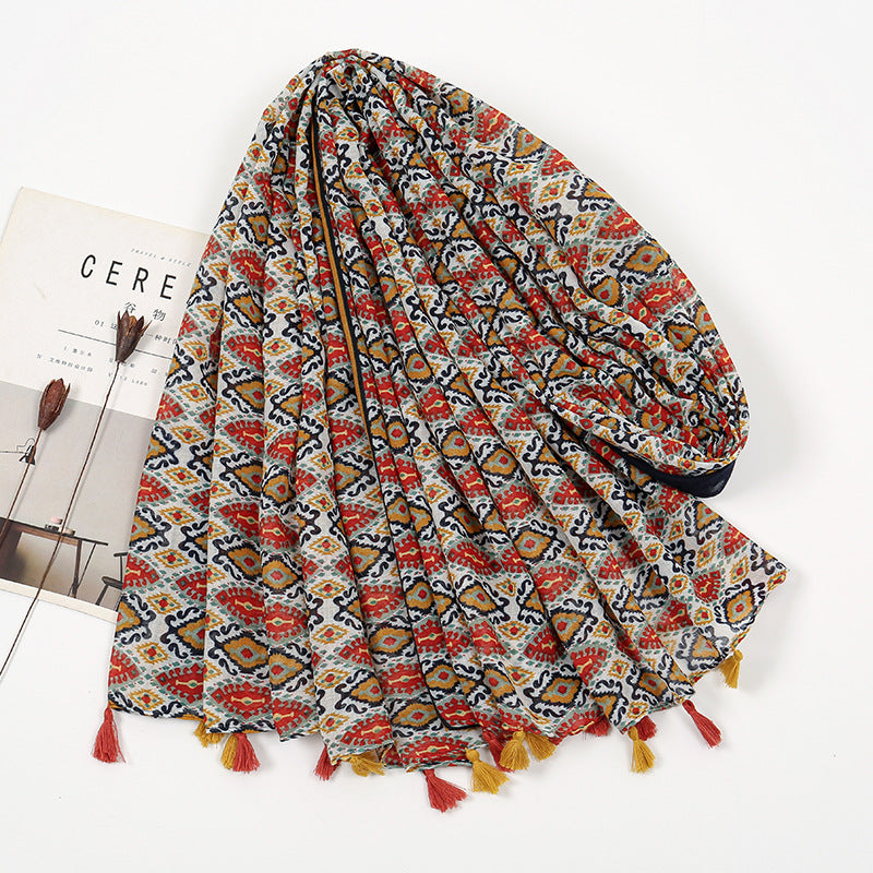 Voile Tassel Sun-proof Printed Scarf