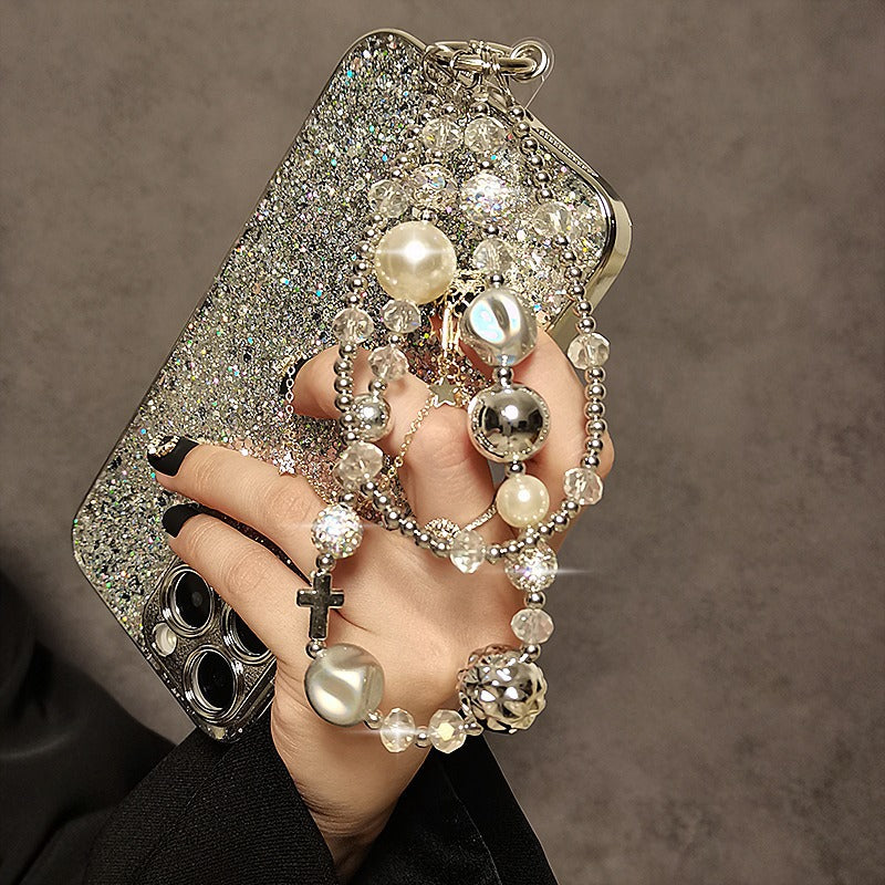 Short Mobile Phone Lanyard Luxurious Pearl Crystal Diamond Bead Hand-Held Double Chain Wristband Phone Case Hanging Decoration