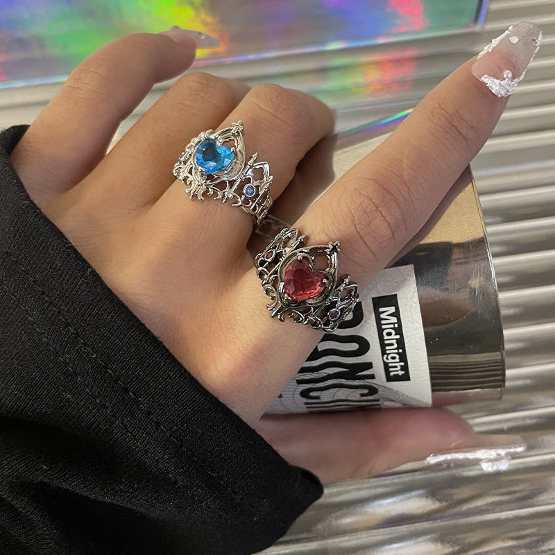 Red Blue Heart-Shaped Open Ring for Women