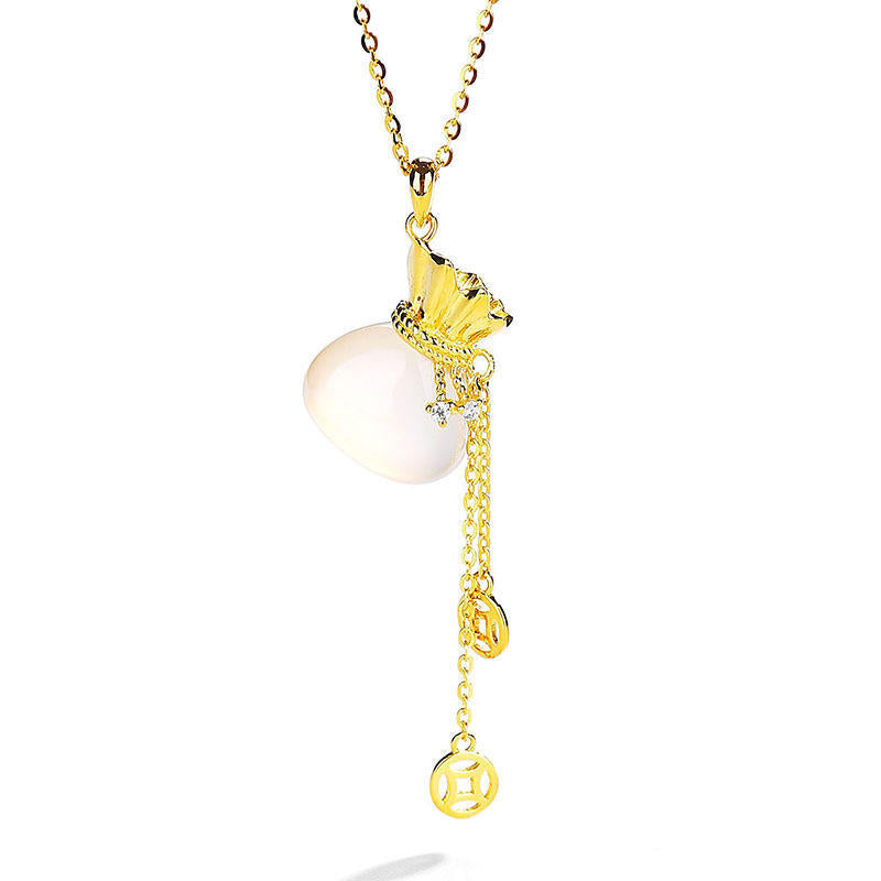 925 Silver Necklace with White Chalcedony Lucky Bag Pendant
