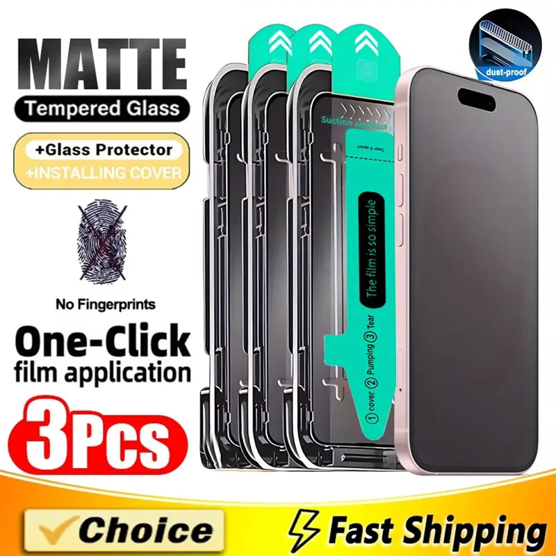 3Pcs Oleophobic Coating Dust Free Easy Installation Matte Screen Protector For iPhone 16 14 13 12 11 15 17 18 Pro Max X XR Glass