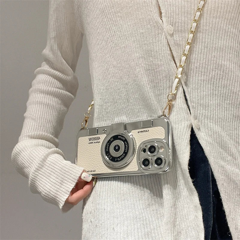 classic Emily In Paris Retro Camera For iPhone 14 16 plus 15 13 12 16 11 Pro Max aslant Lanyard Camera Phone Leather cover case