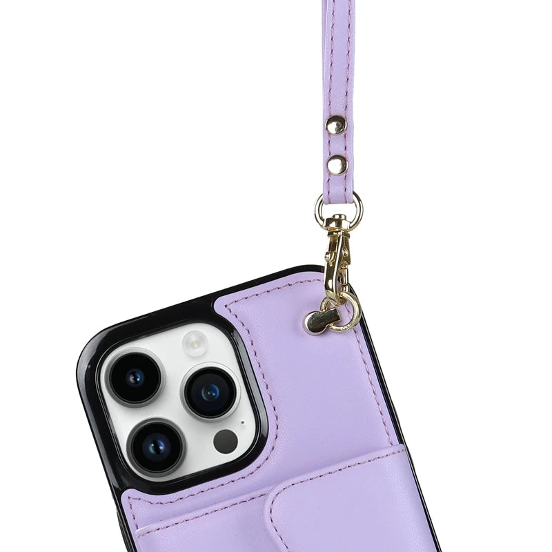 Wallet Case For iPhone 16 Pro Max 15 Plus 14 13 Mini 12 11 SE3/2022 SE2/2020 XS XR 8 7 Diagonal Strap With Bracket Leather Cover