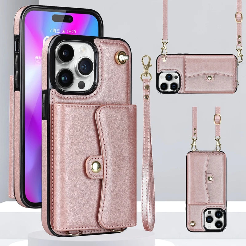 Wallet Case For iPhone 16 Pro Max 15 Plus 14 13 Mini 12 11 SE3/2022 SE2/2020 XS XR 8 7 Diagonal Strap With Bracket Leather Cover