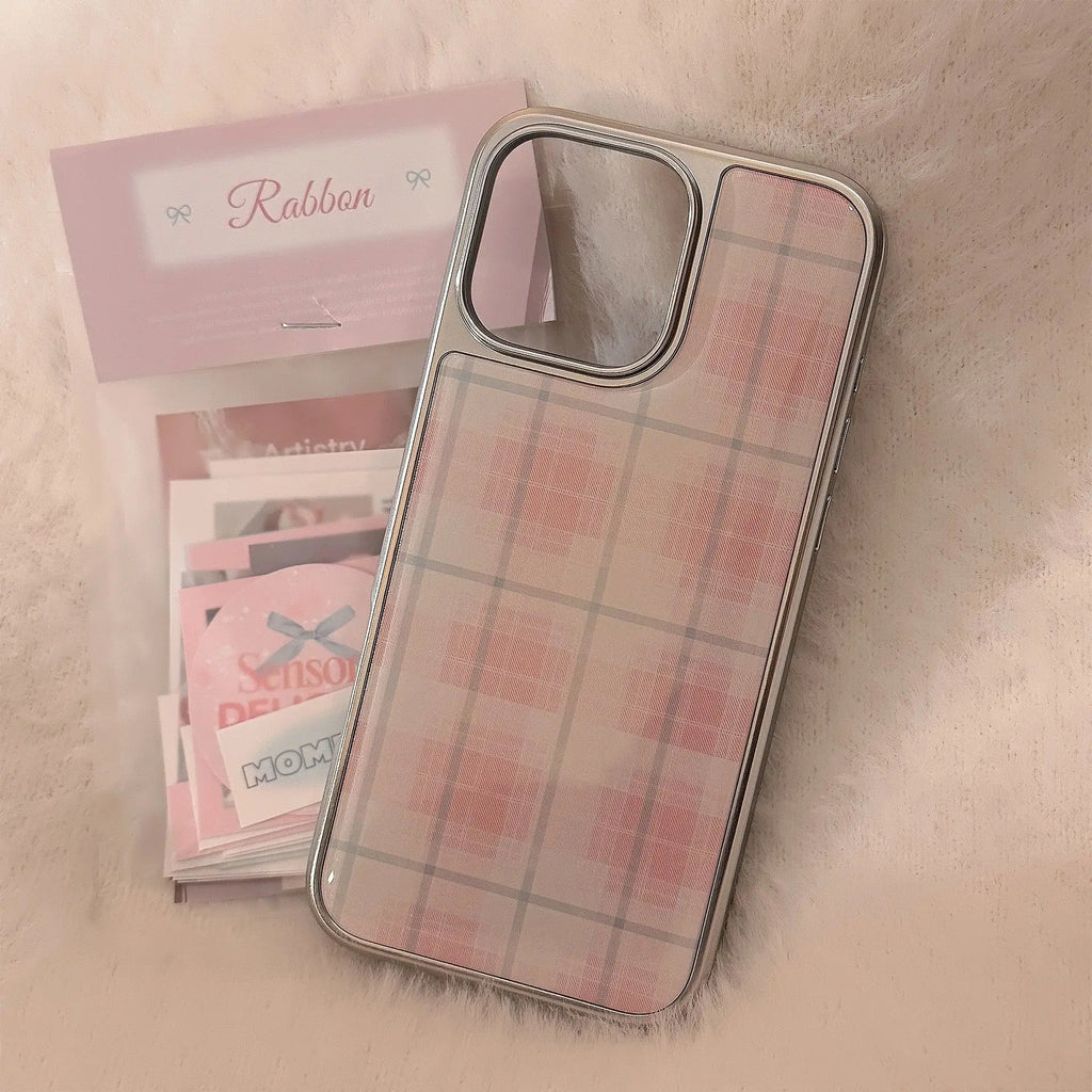 INS Simple Pink Grid Electroplated Drop Glue Soft Phone Case For iPhone 16 15 14 13 12 11 17 Pro Max 16 15 14 13 Pro 17Air Cover