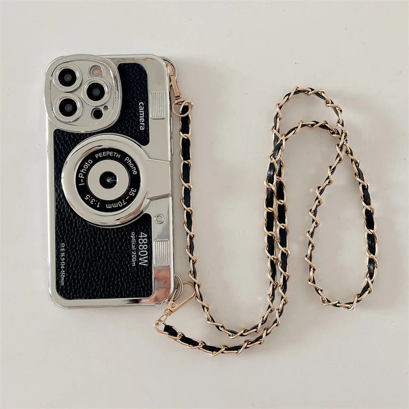 classic Emily In Paris Retro Camera For iPhone 14 16 plus 15 13 12 16 11 Pro Max aslant Lanyard Camera Phone Leather cover case