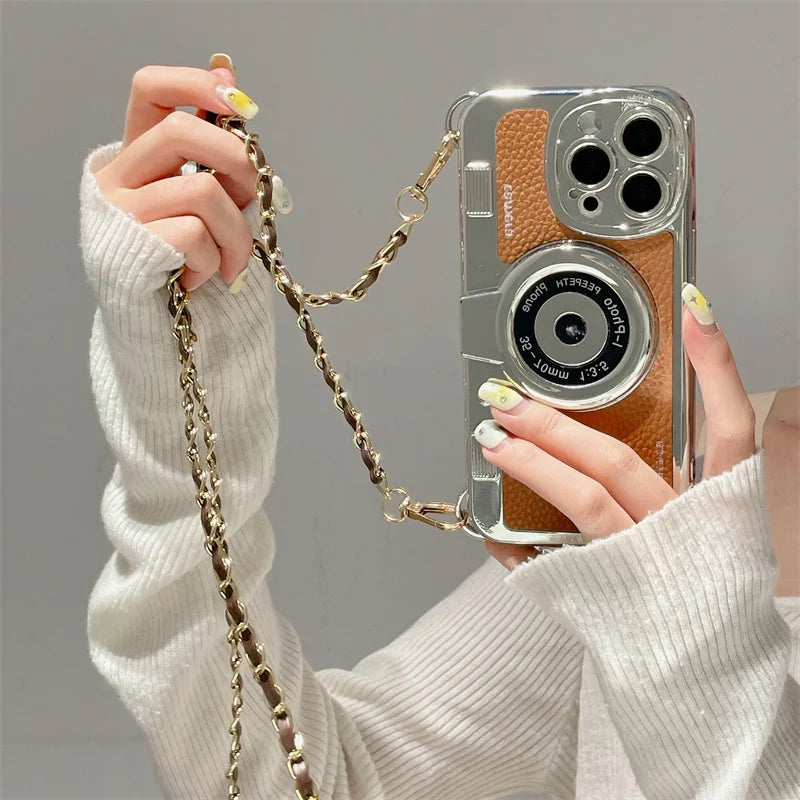 classic Emily In Paris Retro Camera For iPhone 14 16 plus 15 13 12 16 11 Pro Max aslant Lanyard Camera Phone Leather cover case