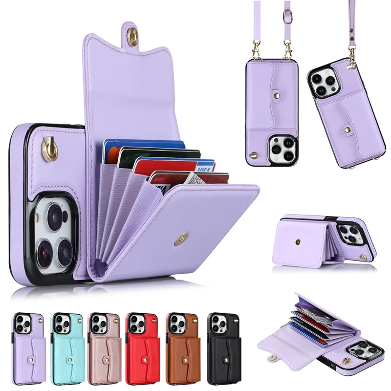 Wallet Case For iPhone 16 Pro Max 15 Plus 14 13 Mini 12 11 SE3/2022 SE2/2020 XS XR 8 7 Diagonal Strap With Bracket Leather Cover