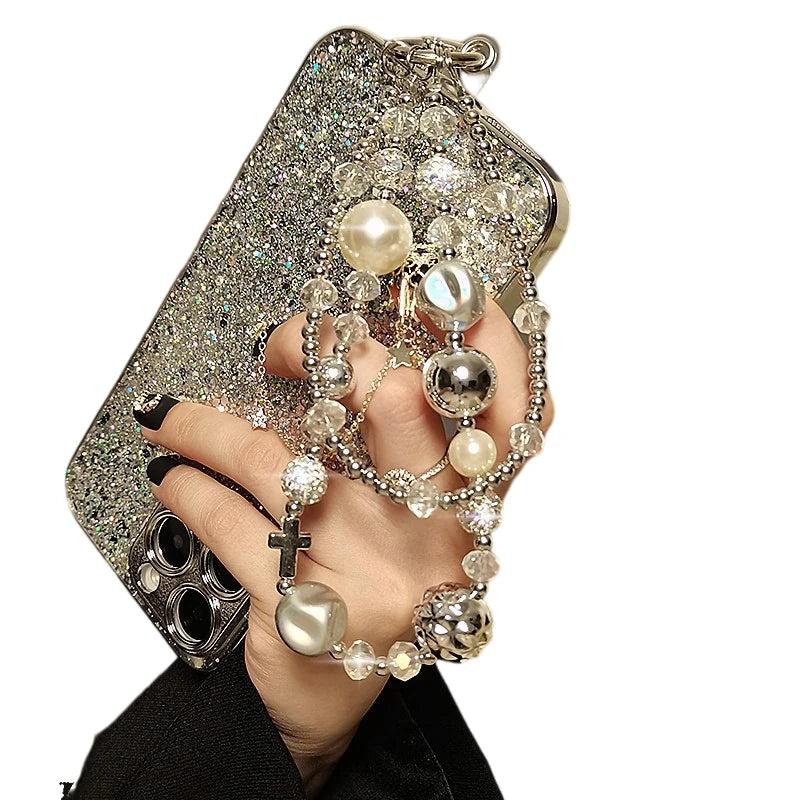 Short Mobile Phone Lanyard Luxurious Pearl Crystal Diamond Bead Hand-Held Double Chain Wristband Phone Case Hanging Decoration