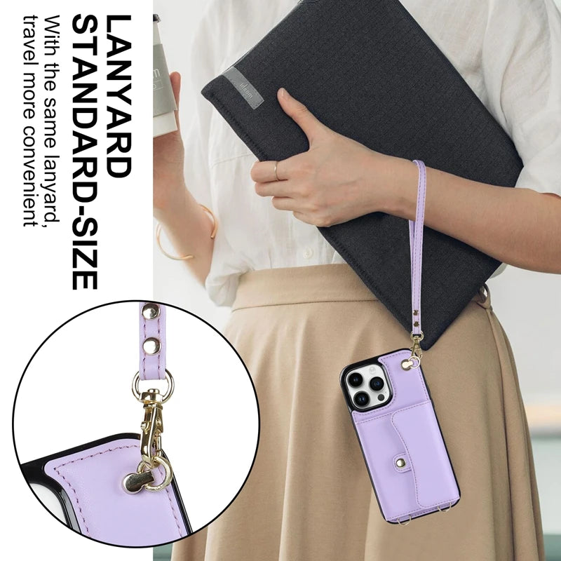 Wallet Case For iPhone 16 Pro Max 15 Plus 14 13 Mini 12 11 SE3/2022 SE2/2020 XS XR 8 7 Diagonal Strap With Bracket Leather Cover