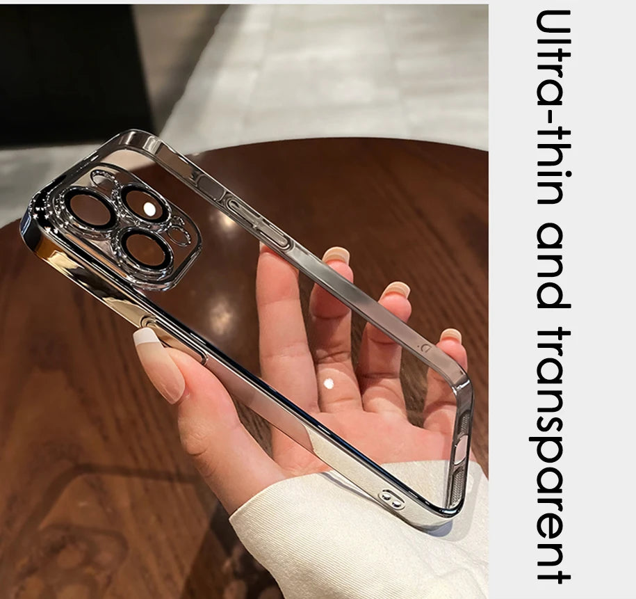 Luxury Plating Clear Silicone Phone Case For iPhone 16 17 15 14 13 12 11 Pro XR XS Max Mini Plus Lens Protection Case Back Cover