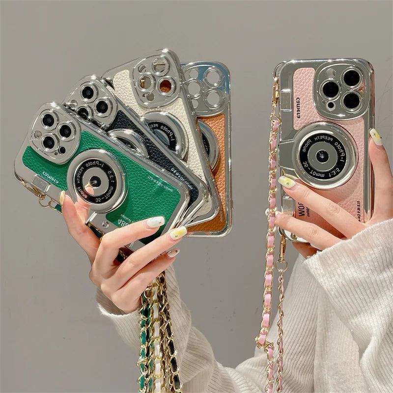 classic Emily In Paris Retro Camera For iPhone 14 16 plus 15 13 12 16 11 Pro Max aslant Lanyard Camera Phone Leather cover case