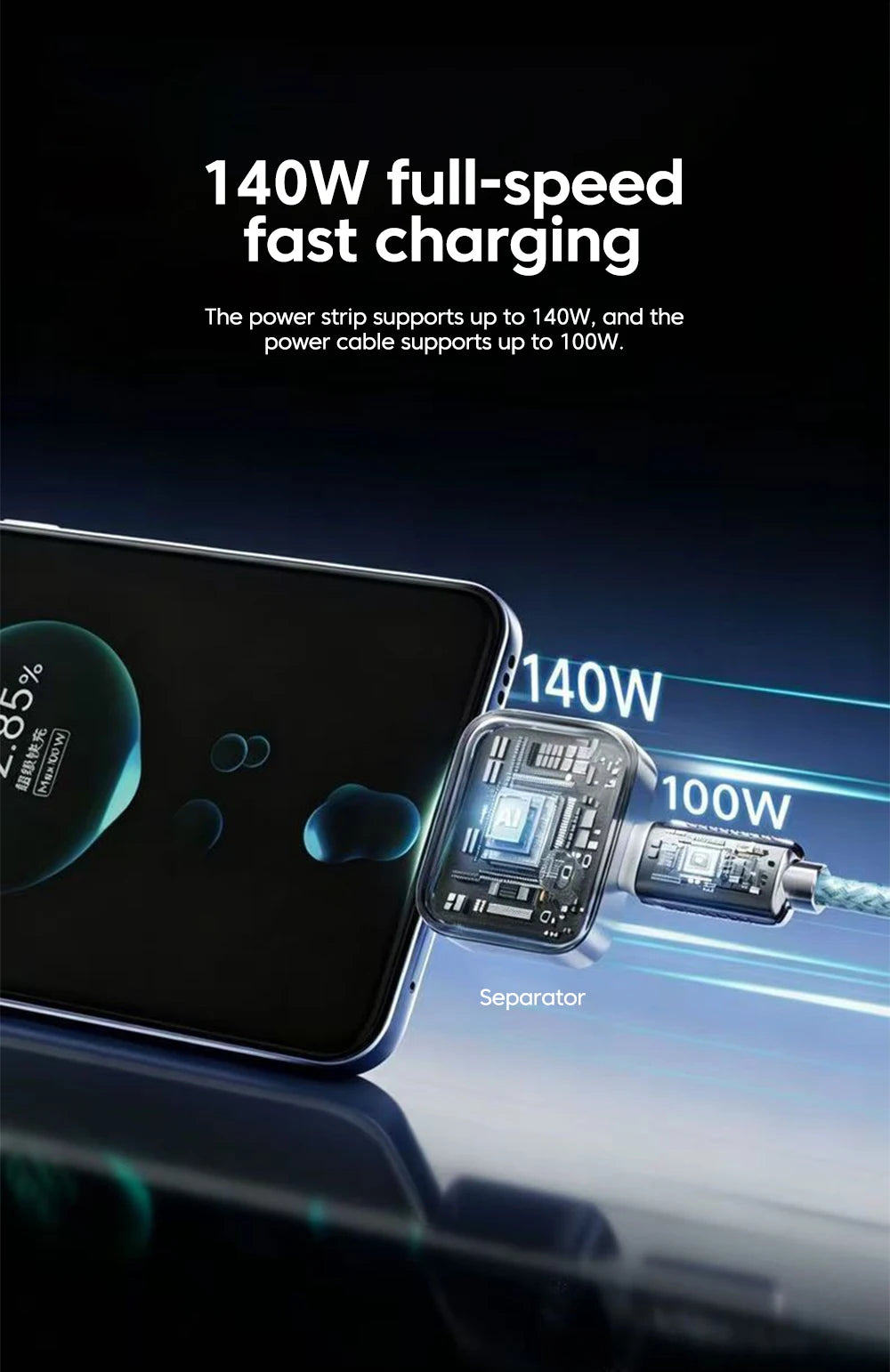 Type C Charging 140W Smart Full Charge Self-Cut Adapter Auto Disconnect for Night Charging Overcharge Prevention Separator