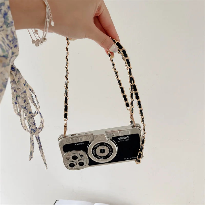 classic Emily In Paris Retro Camera For iPhone 14 16 plus 15 13 12 16 11 Pro Max aslant Lanyard Camera Phone Leather cover case