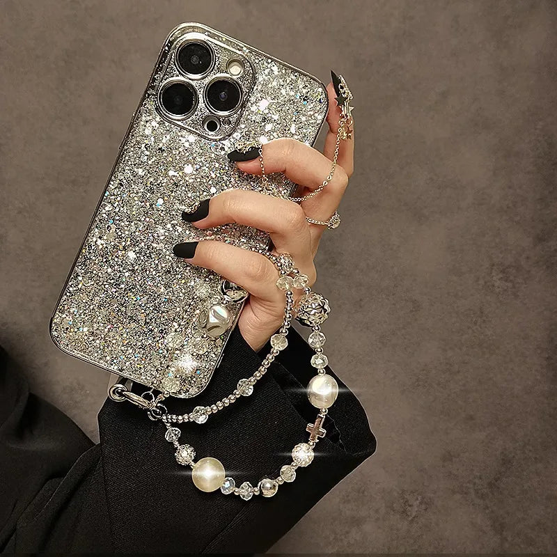 Short Mobile Phone Lanyard Luxurious Pearl Crystal Diamond Bead Hand-Held Double Chain Wristband Phone Case Hanging Decoration