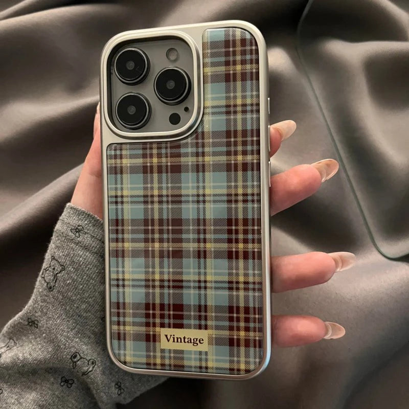 INS Simple Pink Grid Electroplated Drop Glue Soft Phone Case For iPhone 16 15 14 13 12 11 17 Pro Max 16 15 14 13 Pro 17Air Cover