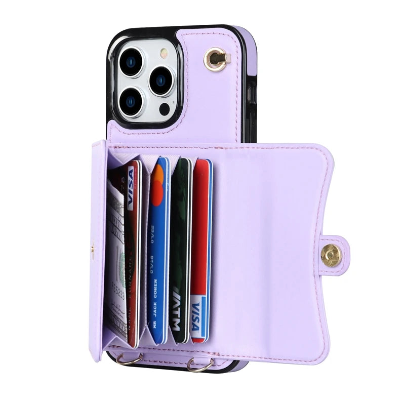 Wallet Case For iPhone 16 Pro Max 15 Plus 14 13 Mini 12 11 SE3/2022 SE2/2020 XS XR 8 7 Diagonal Strap With Bracket Leather Cover