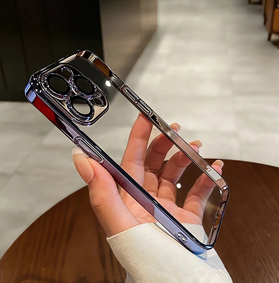 Luxury Plating Clear Silicone Phone Case For iPhone 16 17 15 14 13 12 11 Pro XR XS Max Mini Plus Lens Protection Case Back Cover