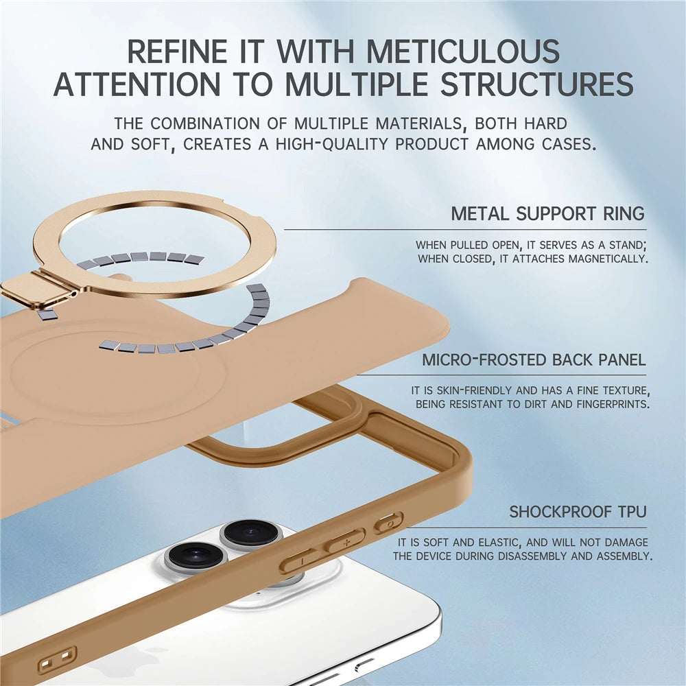 Matte Metal Ring Magnetic Phone Case for Magsafe IPhone 11 12 13 14 15 16 17 Air Pro Max Plus 17Pro KickStand Holder Cover