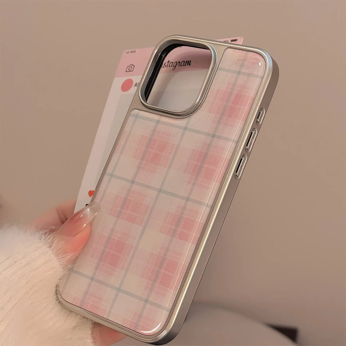 INS Simple Pink Grid Electroplated Drop Glue Soft Phone Case For iPhone 16 15 14 13 12 11 17 Pro Max 16 15 14 13 Pro 17Air Cover