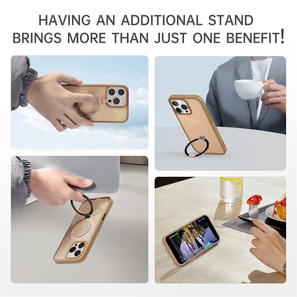 Matte Metal Ring Magnetic Phone Case for Magsafe IPhone 11 12 13 14 15 16 17 Air Pro Max Plus 17Pro KickStand Holder Cover