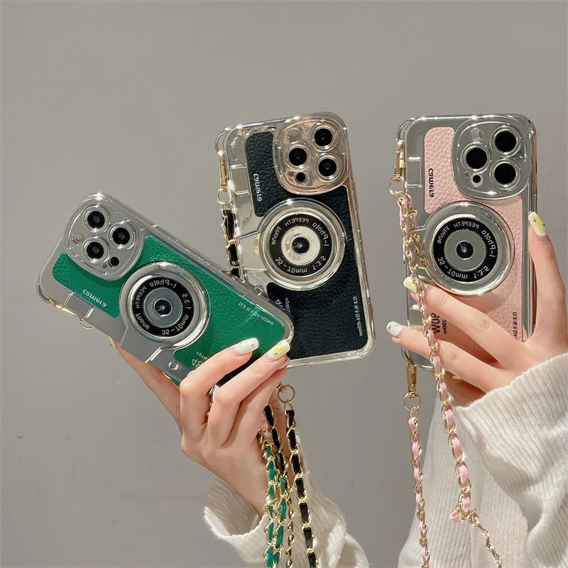 classic Emily In Paris Retro Camera For iPhone 14 16 plus 15 13 12 16 11 Pro Max aslant Lanyard Camera Phone Leather cover case