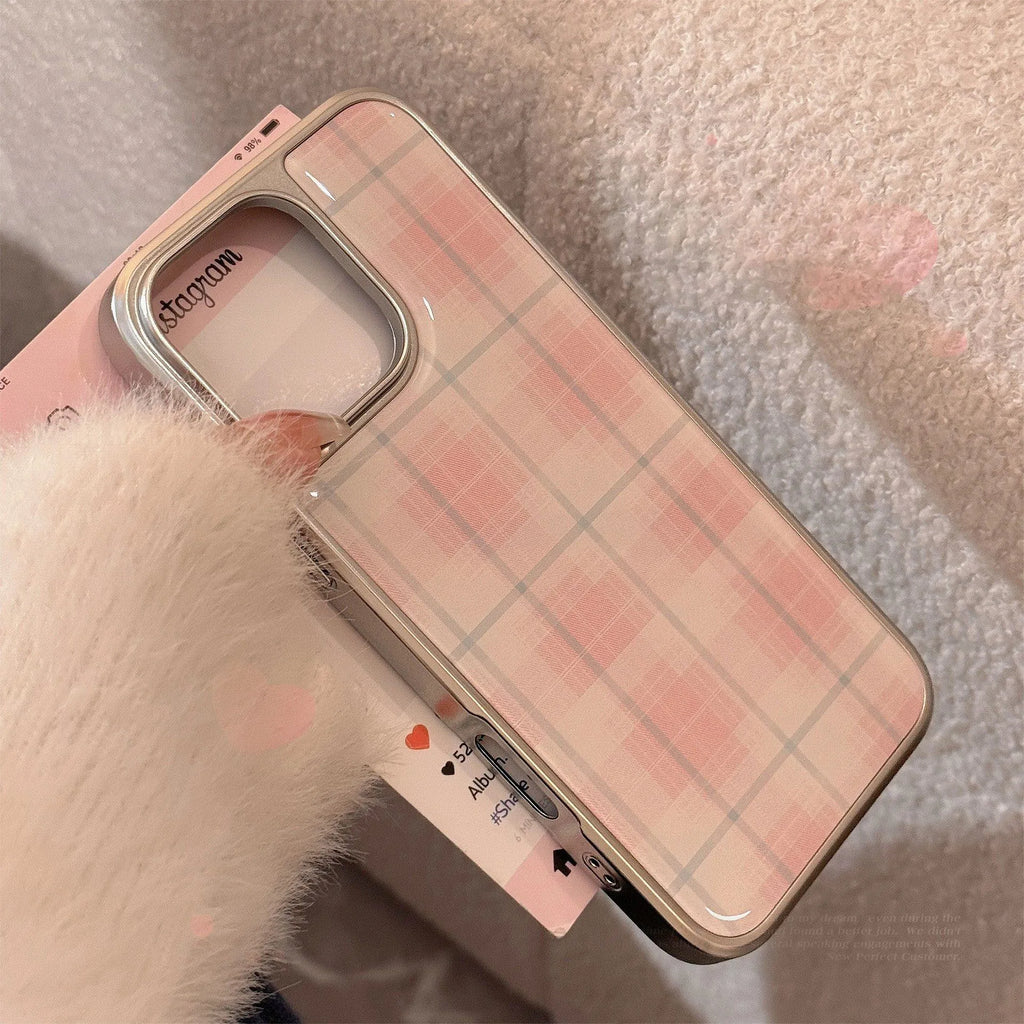 INS Simple Pink Grid Electroplated Drop Glue Soft Phone Case For iPhone 16 15 14 13 12 11 17 Pro Max 16 15 14 13 Pro 17Air Cover