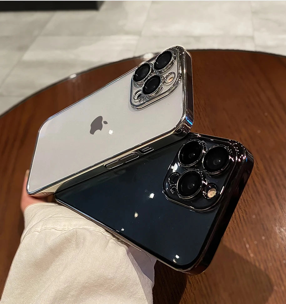 Luxury Plating Clear Silicone Phone Case For iPhone 16 17 15 14 13 12 11 Pro XR XS Max Mini Plus Lens Protection Case Back Cover