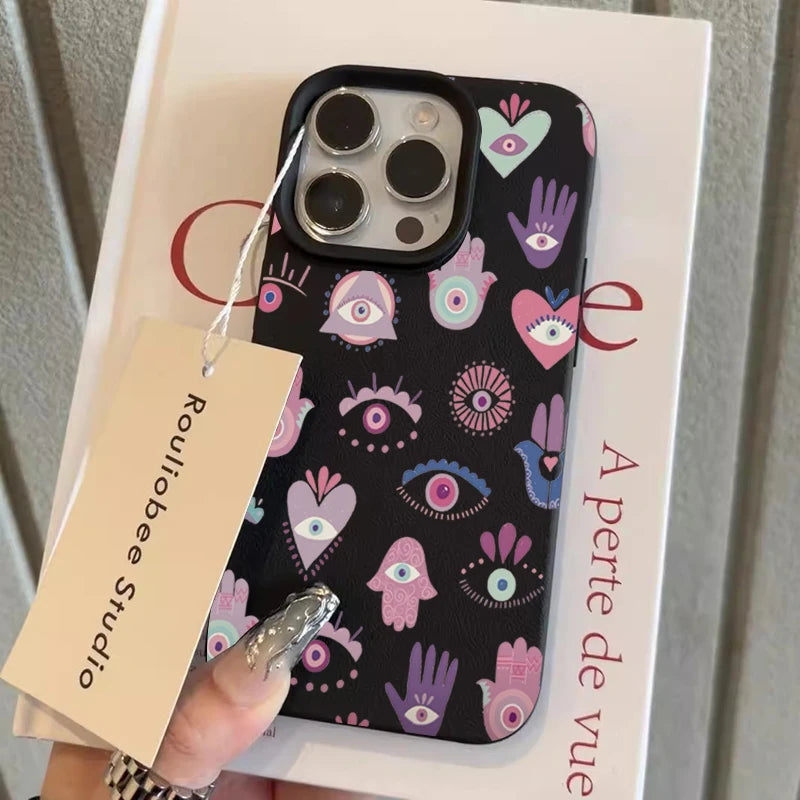 For iPhone 17 16 15 14 13 12 11 Pro Max Plus Case Pink Purple Eyes Lichee Pattern Silicone Cover For iPhone XS XR X 16e Funda