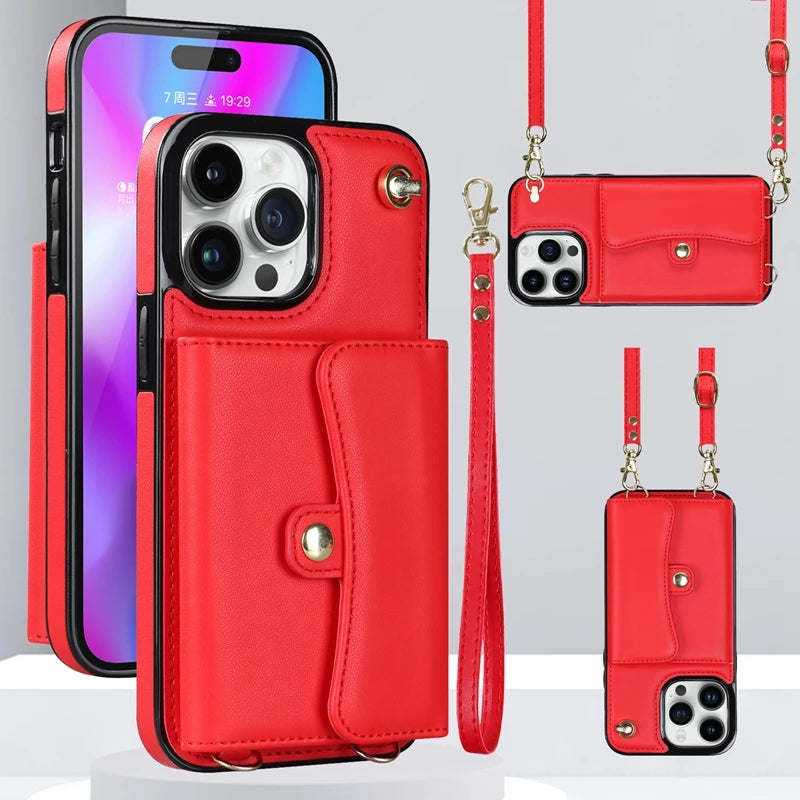 Wallet Case For iPhone 16 Pro Max 15 Plus 14 13 Mini 12 11 SE3/2022 SE2/2020 XS XR 8 7 Diagonal Strap With Bracket Leather Cover