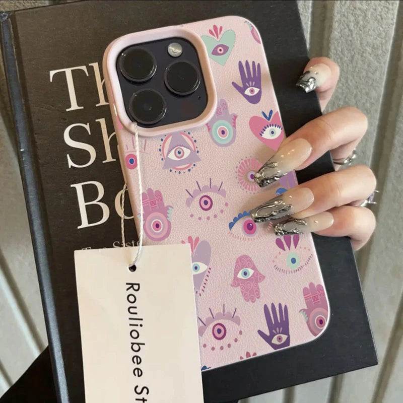For iPhone 17 16 15 14 13 12 11 Pro Max Plus Case Pink Purple Eyes Lichee Pattern Silicone Cover For iPhone XS XR X 16e Funda