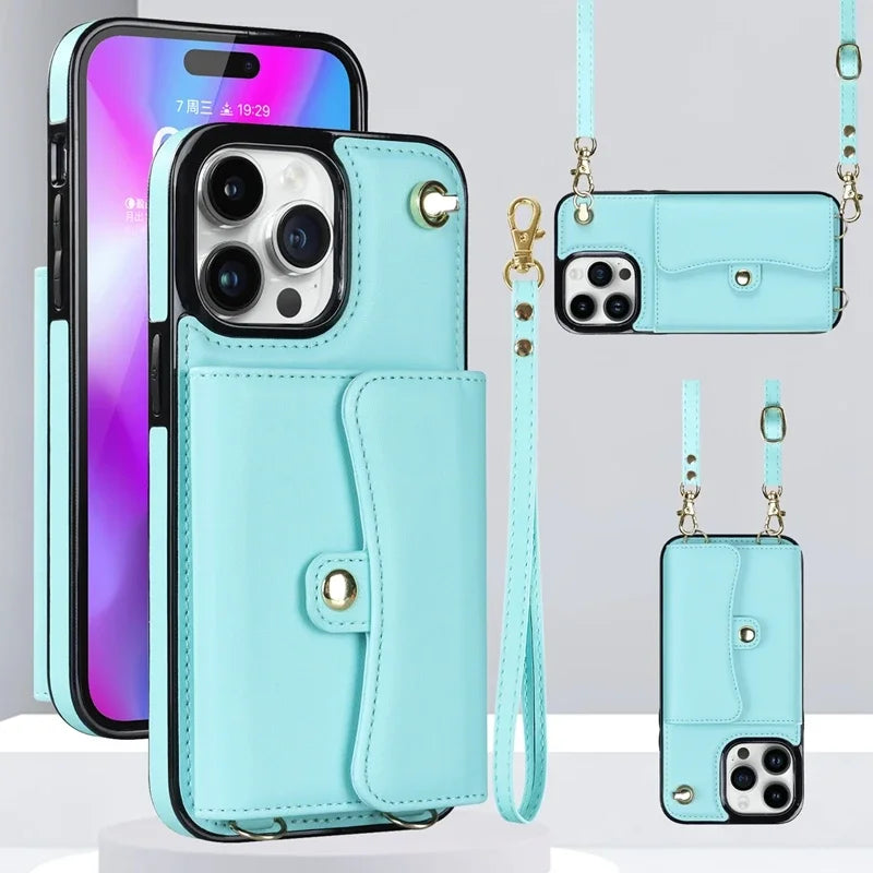 Wallet Case For iPhone 16 Pro Max 15 Plus 14 13 Mini 12 11 SE3/2022 SE2/2020 XS XR 8 7 Diagonal Strap With Bracket Leather Cover