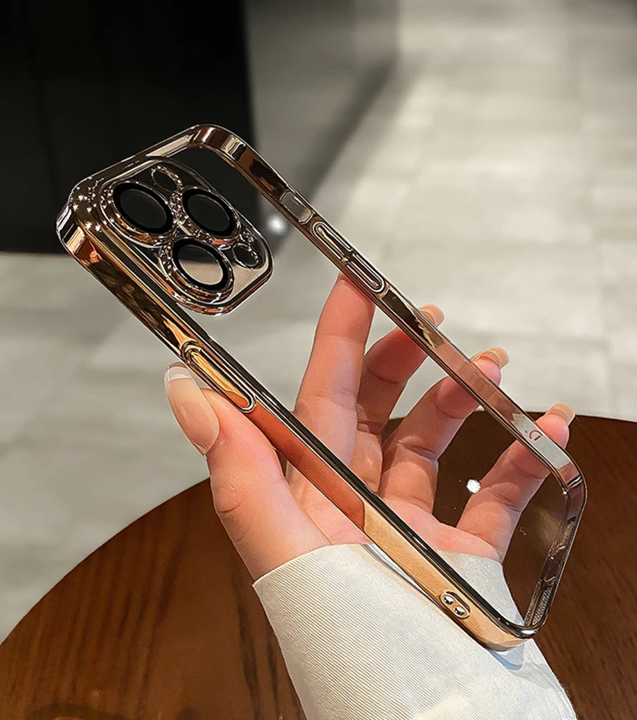 Luxury Plating Clear Silicone Phone Case For iPhone 16 17 15 14 13 12 11 Pro XR XS Max Mini Plus Lens Protection Case Back Cover