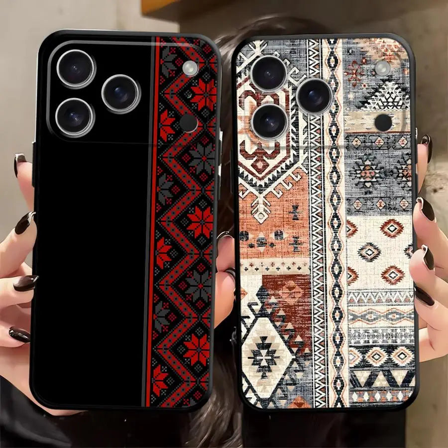 Case for iPhone 7 8 17Air 13 12 11 17 Pro Max XS Max XR 15 16 14 Plus Black Soft Phone Cover Retro Ethnic Totem Pattern