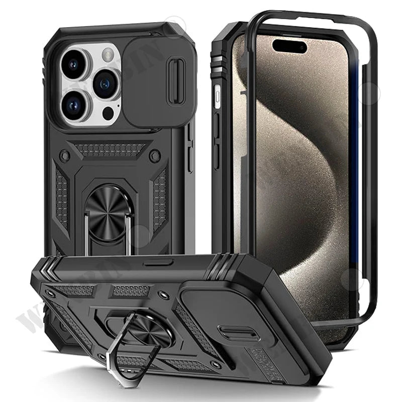Case For iPhone 17 16 16e 15 14 13 12 11 Pro Max Plus Mini XS XR 8 Plus 8 7 SE Heavy Duty with Camera 360 Degree Kickstand Cover