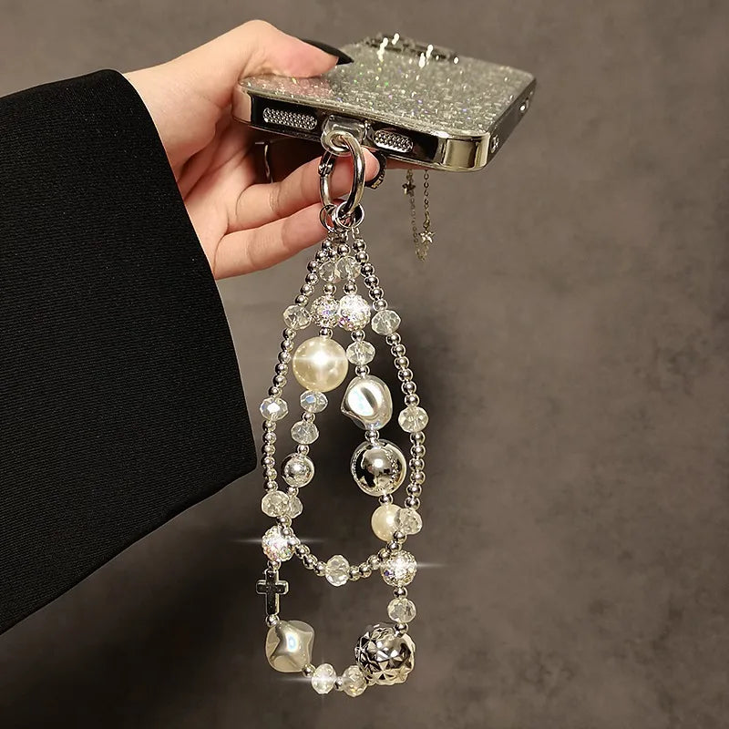 Short Mobile Phone Lanyard Luxurious Pearl Crystal Diamond Bead Hand-Held Double Chain Wristband Phone Case Hanging Decoration