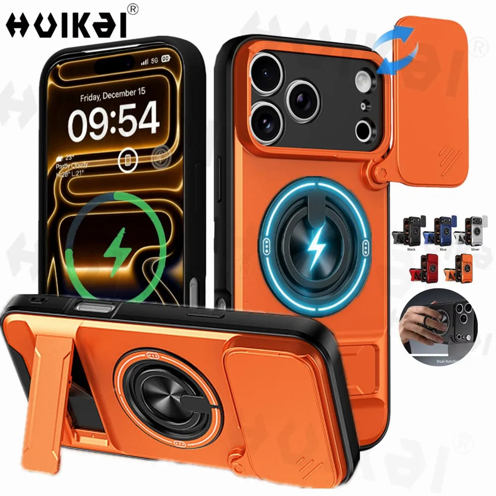 For iPhone 17 Pro Max 16 Pro Max 15 14 13 Slide Camera Case Protection Upright Kickstand Shockproof Back Magnetic Phone Covers
