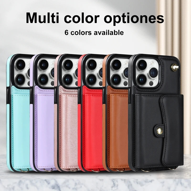Wallet Case For iPhone 16 Pro Max 15 Plus 14 13 Mini 12 11 SE3/2022 SE2/2020 XS XR 8 7 Diagonal Strap With Bracket Leather Cover